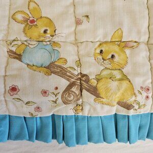 Vint Baby Crib Quilt Blanket Bunny Rabbit Blue Ruffle 52x36 Reversible Nursery